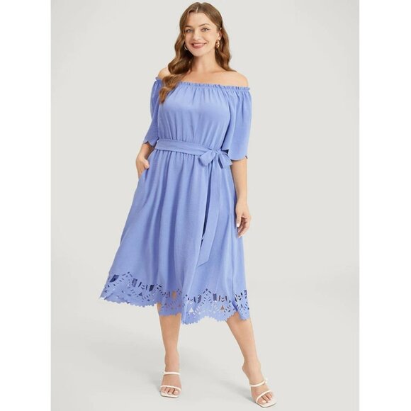 NWT BloomChic Blue Laser Cut Pocket Belted Frill Trim Off Shoulder Dress 12/L - Picture 2 of 12